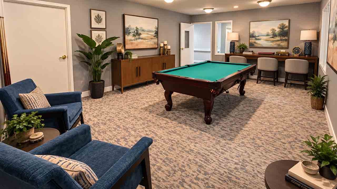 A game room with a pool table, two blue chairs, a wooden cabinet, desk with chairs, plants, and framed landscape art on gray walls under ceiling lights.