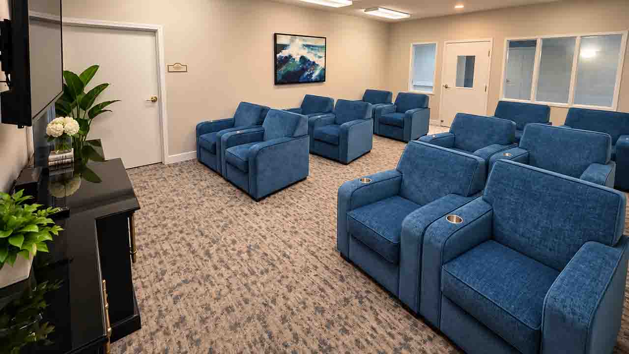 A room with two rows of blue armchairs facing a TV, neutral walls, a door, windows, a cabinet with plants, and a painting of ocean waves on the wall.