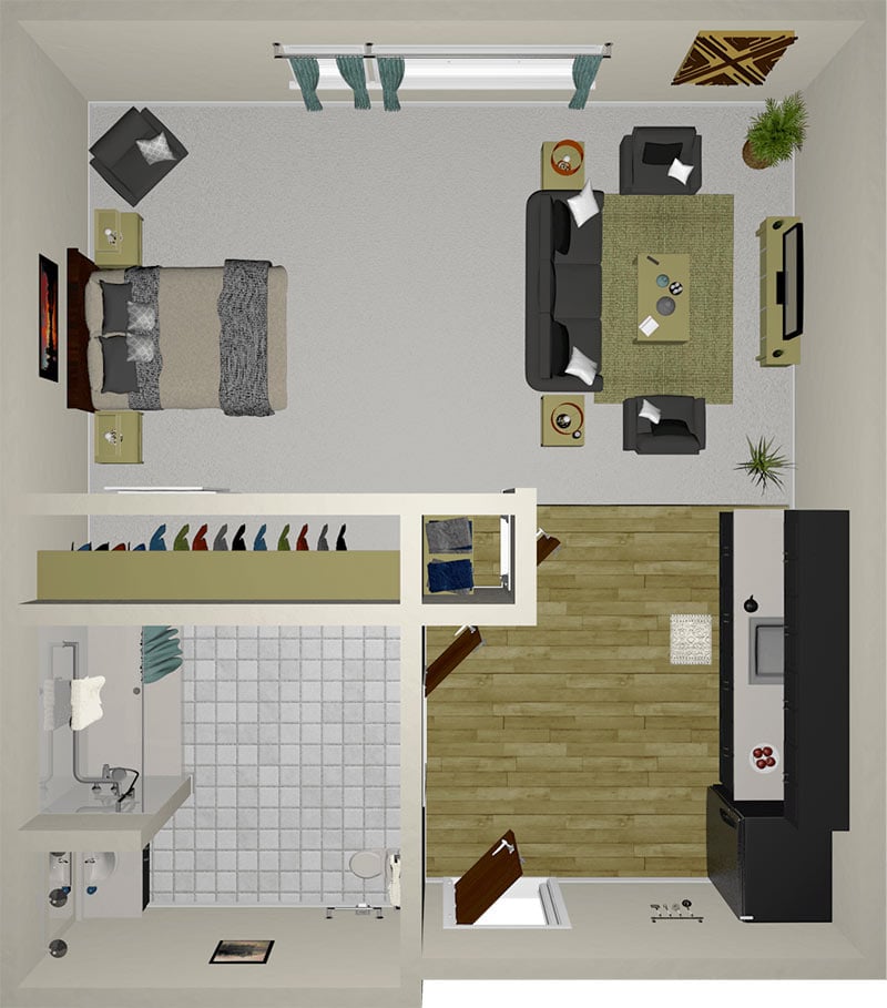 Top-down view of a small apartment layout showing a bedroom, living area, kitchen, bathroom, and closet. The space includes furniture and decor like a bed, sofas, TV, kitchen appliances, and wall art.